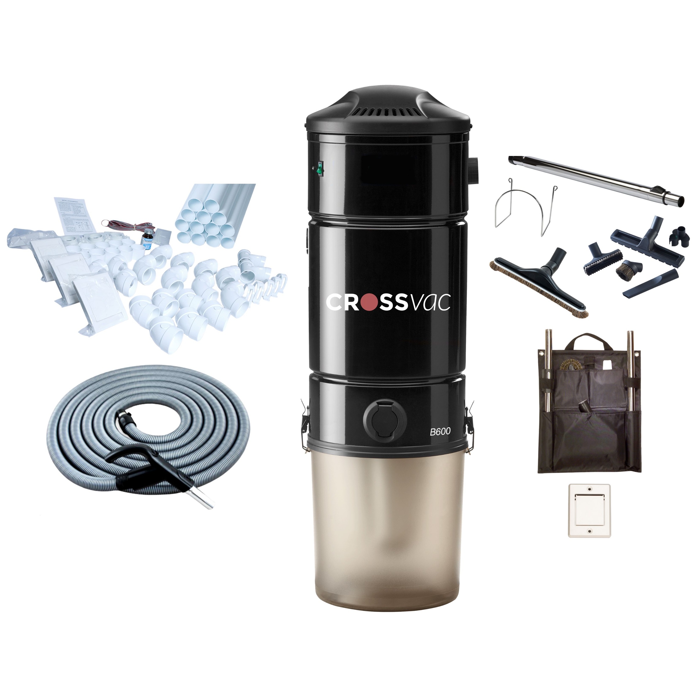 Zentralstaubsauger Set Medium mit B600, Schlauch-Set On/Off, 3x Saugdosen & Installationsmaterial